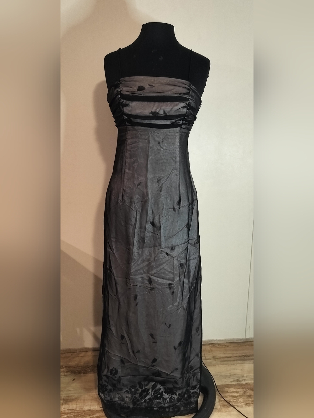 Morgan & Co. Black Strapless Maxi Dress with Sheer Overlay